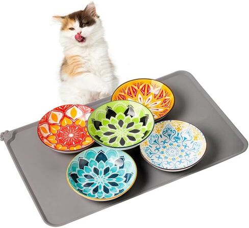 5 Ceramic Cat Bowls with Silicone Cat Mat, 5.5 inch Wide Shallow Cat Food Bowl for Relief Whisker Fatigue in Kuwait