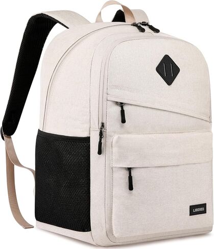 School Backpack for Teen Boys and Girls, Backpack for Men Women, 15.6 inch Laptop Back Pack for High School and College Students with USB Charging Port, Beige in Kuwait