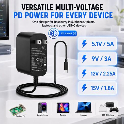 [GaN PD 27W] iUniker Power Supply for Raspberry Pi 5, 5.1V 5A 27W PD Power Supply USB-C Power Supply for Raspberry Pi for Raspberry Pi 5(ETL Listed) in Kuwait
