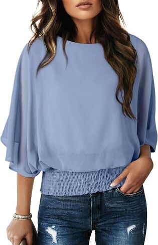 Dokotoo Womens Solid Short Sleeve Boat Crew Neck Chiffon Blouses 3/4 Sleeve Casual Dressy Shirts Batwing Dolman Top Tunic in Kuwait