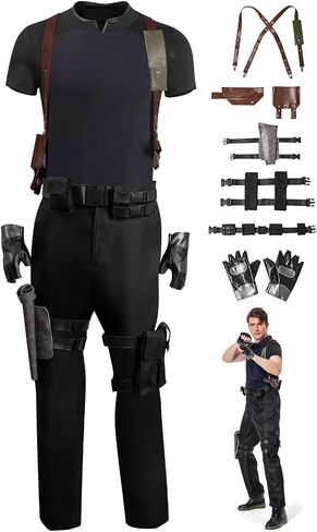 Verycos Mens Leon Kennedy Cosplay Jacket Pants Re4 Rpd Uniform Top Brown Belt Holster Police Gloves Halloween Costume in Kuwait