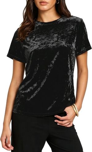 Women's Crew Neck Velvet Top Short Sleeve T-Shirt in Kuwait