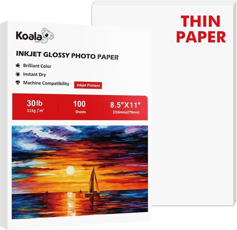 ورق نفث الحبر الرقيق اللامع من Koala مقاس 8.5 × 11 بوصة 100 ورقة متوافقة مع الطابعة النافثة للحبر تستخدم حبر الصبغ 115gsm in Kuwait
