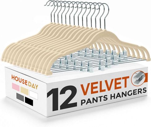 شماعات تنورة مخملية من HOUSE DAY 36 حزمة، شماعات مخملية سوداء مع مقاطع قابلة للتعديل، شماعات بنطال مخملية رفيعة لتوفير المساحة، شماعات شورت شديدة التحمل، شماعات مشبك غير قابلة للانزلاق للسراويل والتنانير والسراويل القصيرة in Kuwait