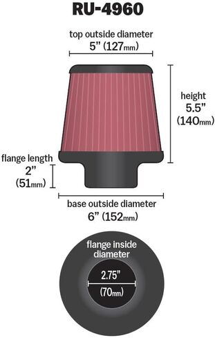 K&N Universal Clamp-On Air Intake Filter: High Performance, Premium, Washable, Replacement Filter: Flange Diameter: 2.75 In, Filter Height: 5.5 In, Flange Length: 2 In, Shape: Round Tapered, RU-4960 in Kuwait