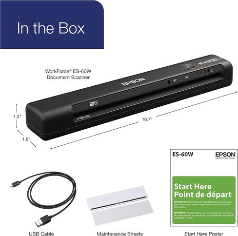 Epson Workforce ES-60W ماسح ضوئي لاسلكي محمول للمستندات مزود بتغذية بالورق لأجهزة الكمبيوتر الشخصية وأجهزة Mac مقاس 10.7 بوصة × 1.9 بوصة × 1.4 بوصة in Kuwait