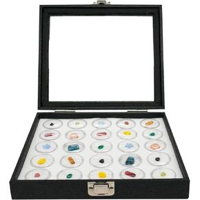 Half-Size Glass Top Black Leatherette Jewelry Display Case + 25 Count Jar Insert Tray in White + Custom NB Pouch in Kuwait