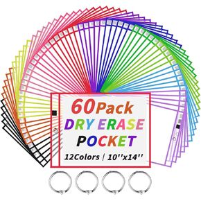 130 Packs Dry-Erase Pockets Bulk Oversized Reusable Dry Erase Pocket Sleeves with 7 Rings, 20 Assorted Colors 10x14 Ticket Holders, Clear Plastic Sheet Protectors, Teacher School Classroom Supplies in Kuwait