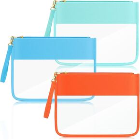 Sanwuta 3 Pcs Preppy Makeup Bag Clear Zipper Pouches for Travel Clear PVC Flat Pouch Nylon Clear Makeup Bags Cosmetic Travel Clear Toiletry Bags Clear Makeup Pouch for Women Girls (Blue) in Kuwait