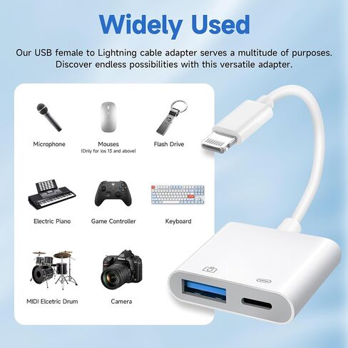 [معتمد من Apple MFi] محول كاميرا Lightning إلى USB مع منفذ شحن، كابل OTG أنثى USB3.0 محمول لأجهزة iPad لتوصيل محرك فلاش USB بقارئ البطاقات، متوافق مع iPhone iPad in Kuwait