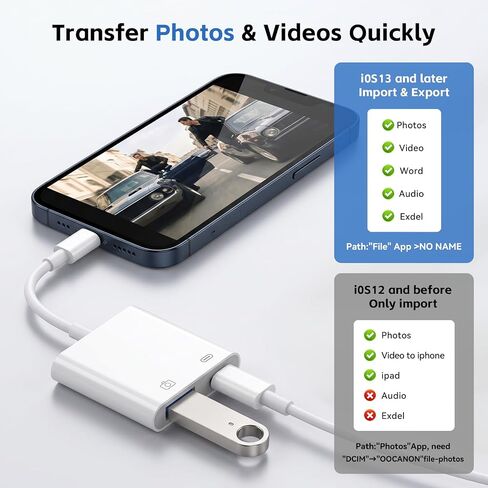 [معتمد من Apple MFi] محول كاميرا Lightning إلى USB مع منفذ شحن، كابل OTG أنثى USB3.0 محمول لأجهزة iPad لتوصيل محرك فلاش USB بقارئ البطاقات، متوافق مع iPhone iPad in Kuwait