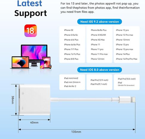 [معتمد من Apple MFi] محول كاميرا Lightning إلى USB مع منفذ شحن، كابل OTG أنثى USB3.0 محمول لأجهزة iPad لتوصيل محرك فلاش USB بقارئ البطاقات، متوافق مع iPhone iPad in Kuwait
