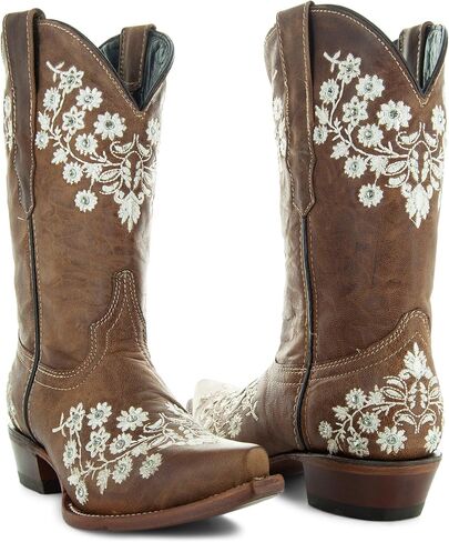 Soto Boots Women's Floral Embroidery Cowgirl Boots, Women's Embroidered Cowgirl Boots, Geniune Leather Handcrafted Cowgirl Boots M50059 Brown in Kuwait