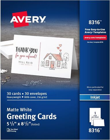 بطاقات تهنئة Avery نصف قابلة للطي، نفث الحبر، 5.5 × 8.5، أبيض غير لامع، صندوق من 30، مغلفات متضمنة (8316) in Kuwait