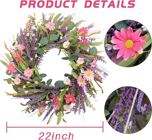 CIR OASES 22inch Artificial Spring Wreath Lavender with Colorful Flowers,Green Leaves for Front Door Home Wall Party Decor in Kuwait