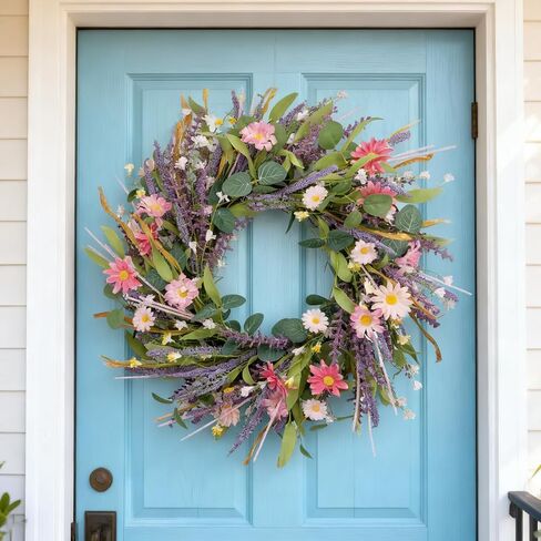 CIR OASES 22inch Artificial Spring Wreath Lavender with Colorful Flowers,Green Leaves for Front Door Home Wall Party Decor in Kuwait
