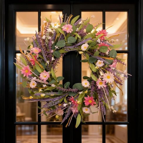 CIR OASES 22inch Artificial Spring Wreath Lavender with Colorful Flowers,Green Leaves for Front Door Home Wall Party Decor in Kuwait