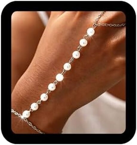 Simple Hand Chain Pearl Finger Ring Bracelets Wedding Beaded Bracelet for Women and Girls in Kuwait