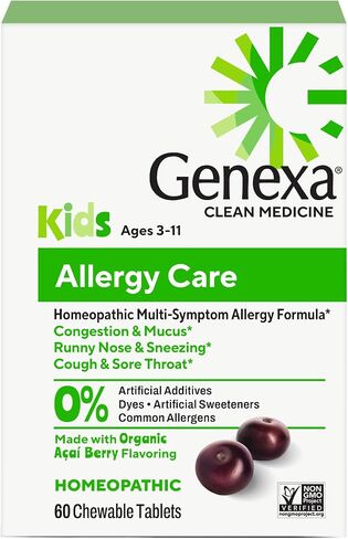 Genexa Kids' Allergy Care | Non-Drowsy, Homeopathic Decongestant & Allergy Medicine Relief for Children | Delicious Organic Acai Berry Flavor | 60 Chewable Tablets in Kuwait