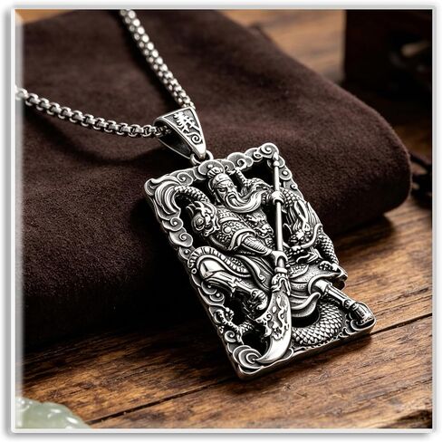 Xusamss Punk Rock Titanium Steel Warrior Guan Yu Dog Tag Pendant Necklace,24inches Box Chain in Kuwait