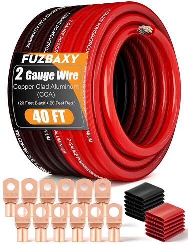 4 Gauge Wire (25 Feet Black+25 Feet Red) Copper Clad Aluminum Automotive Power Ground Cable Wire,20PCS Lugs Terminal Connectors,Heat Shrink Tubing,100A ANL Fuse with Cable Cutter in Kuwait