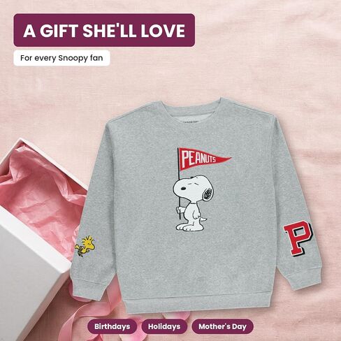 سويت شيرت نسائي من Peanuts Snoopy Fashion بياقة دائرية مع رقعة شانيل ومطبوعات على الأكمام المطرزة - سويت شيرت سنوبي in Kuwait