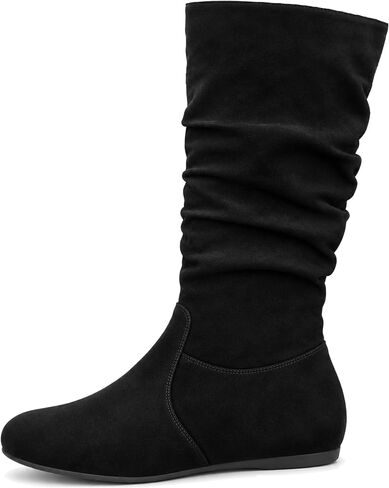 Womens Slouchy Mid-Calf Knee High Boots Flat Low Heel Slouch Boot No Heel | Side Zipper Closure - Boots for Women, Ideal for Going Out or Casual Everyday Wear. Comes in Suede & Faux Leather in Kuwait