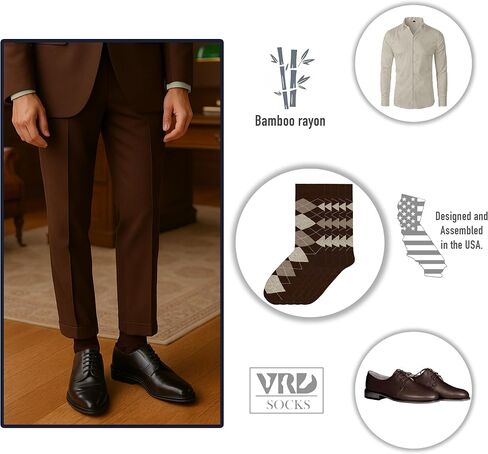 VRD SOCKS Mens Dress Socks, Bamboo Socks for Men, 5-Pack - Shoe Size 8-13, Chocolate Dark Brown - Argyle in Kuwait