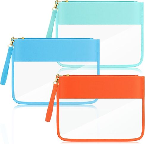 Sanwuta 3 Pcs Preppy Makeup Bag Clear Zipper Pouches for Travel Clear PVC Flat Pouch Nylon Clear Makeup Bags Cosmetic Travel Clear Toiletry Bags Clear Makeup Pouch for Women Girls (Blue) in Kuwait