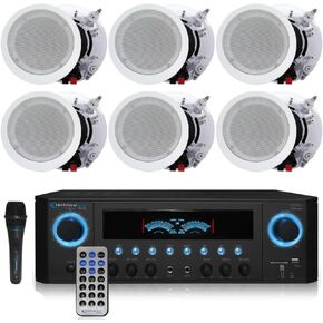 1000 Watts Home System w/USB and SD Card Inputs, (Qty 6) 6.5 Flush Mount in-Wall/in-Ceiling Stereo Speakers, Mic w/10 Ft Cable in Kuwait