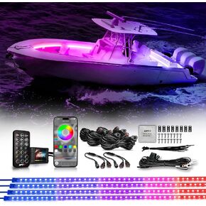 OPT7 Aura PRO بلوتوث LED ضوء القارب البحري، مع شريط إضاءة داخلي RGB متزامن مع الموسيقى، وضع متعدد الألوان، تطبيق iOS/Android الذكي، IP67 أضواء سطح مقاومة للماء لـ Pontoon Bass Yacht Kayak، 12V in Kuwait