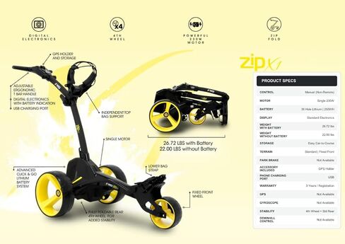 عربة جولف كهربائية MGI Zip X1 - بطارية ليثيوم 36 فتحة - الملحقات متضمنة (حامل هاتف GPS)، أسود in Kuwait