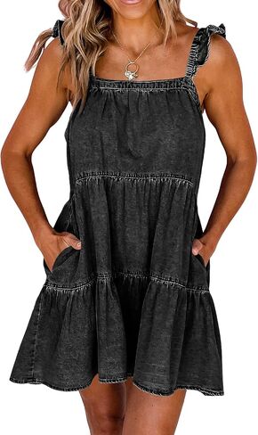 Newffr Womens Summer Denim Dress Square Neck Ruffle Trim Sleeveless Babydoll Dress Flowy Jean Dress with Pockets in Kuwait