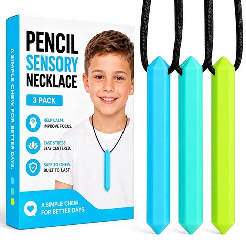 Tilcare Chew Chew Pencil Sensory Necklace 3 Set - Best for Kids or Adults That Like Biting or Have Autism – Perfectly Textured Silicone Chewy Toys - Chewing Pendant for Boys & Girls - Chew Necklaces in Kuwait