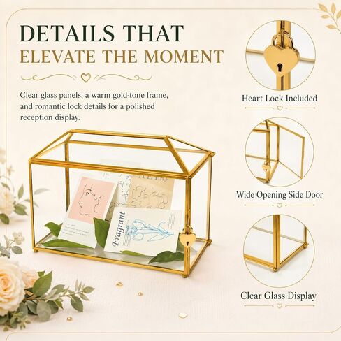 Gold Wedding Glass Card Box – 12.6 inch Large Wedding Card Holder Handmade Gold Glass Terrarium with Slot and Heart Lock in Kuwait