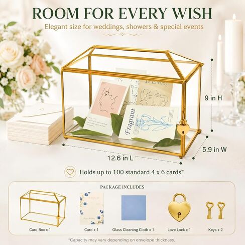 Gold Wedding Glass Card Box – 12.6 inch Large Wedding Card Holder Handmade Gold Glass Terrarium with Slot and Heart Lock in Kuwait
