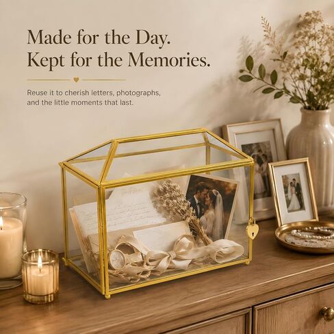 Gold Wedding Glass Card Box – 12.6 inch Large Wedding Card Holder Handmade Gold Glass Terrarium with Slot and Heart Lock in Kuwait