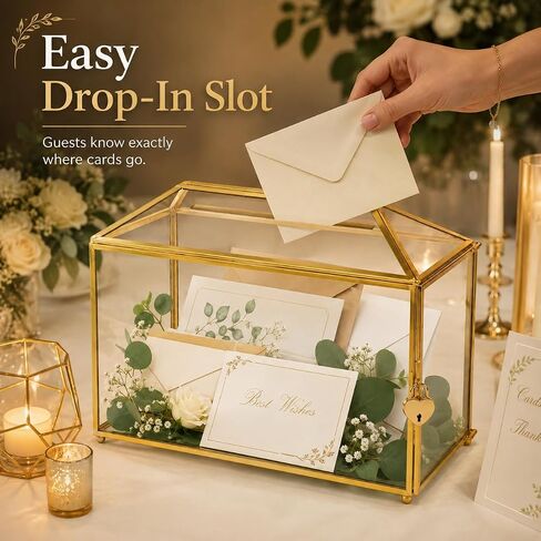 Gold Wedding Glass Card Box – 12.6 inch Large Wedding Card Holder Handmade Gold Glass Terrarium with Slot and Heart Lock in Kuwait