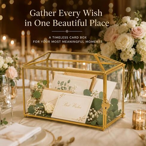 Gold Wedding Glass Card Box – 12.6 inch Large Wedding Card Holder Handmade Gold Glass Terrarium with Slot and Heart Lock in Kuwait