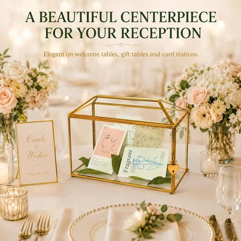 Gold Wedding Glass Card Box – 12.6 inch Large Wedding Card Holder Handmade Gold Glass Terrarium with Slot and Heart Lock in Kuwait