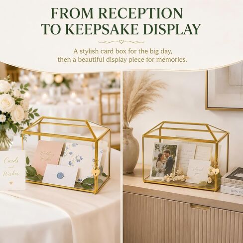 Gold Wedding Glass Card Box – 12.6 inch Large Wedding Card Holder Handmade Gold Glass Terrarium with Slot and Heart Lock in Kuwait