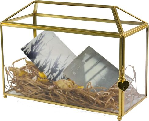 Gold Wedding Glass Card Box – 12.6 inch Large Wedding Card Holder Handmade Gold Glass Terrarium with Slot and Heart Lock in Kuwait