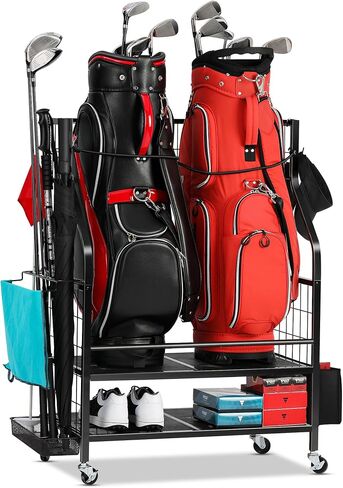 Golf Bag Storage Garage Organizer- Golf Bag Stand Fit for 2 Golf Bags and Golf Clubs, Golf Balls, Golf Equipment Accessories, Extra Large Golf Bag Storage Rack for Garage, Club, Shed, Basement in Kuwait