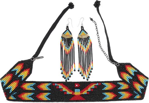 Lavivia Handmade Long Beaded Necklace & Earrings Set. Inspired by Native American Necklace. Seed Beads Necklace with Earrings, One of a Kind beaded Necklace for Women, Perfect for Occasions, Gifts in Kuwait