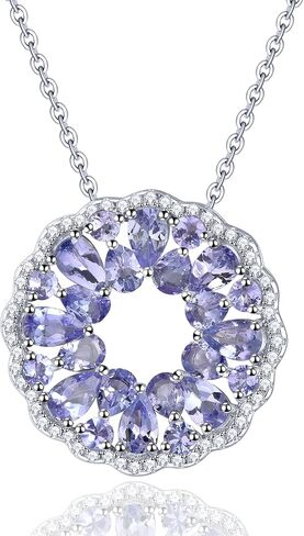 ZhenCai Pendant Necklace for Women Girls S925 Sterling Silver Real Genuine Natural Gemstone Aquamarine Tanzanite Elegant Flower Style Birthstone Charm Women's Fine Jewelry for Her in Kuwait