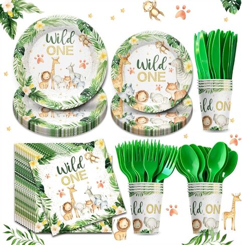 Piooluialy Wild One Birthday Party Supplies for Girls Tableware Set - Safari Birthday Decorations Include Plates, Napkins, Cups, Cutlery, Animal Jungle Theme Wild One Party Supplies | Serves 24 in Kuwait