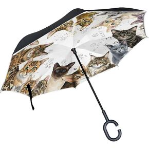 Cats Breed Various Watercolor Kittens Windproof Inverted Open Close Reverse Rain Umbrella Inside Out Quality Waterproof Parasol Upside Down Stick Shelter with Hook c Handle in Kuwait