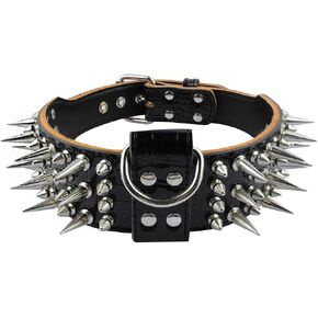 PET ARTIST 2" Wide Luxury Sharp Spiked Dog Collar, Durable Anti-Biting Leather Dog Collar for Large Dogs, Black, XL, Neck for 21-24" in Kuwait