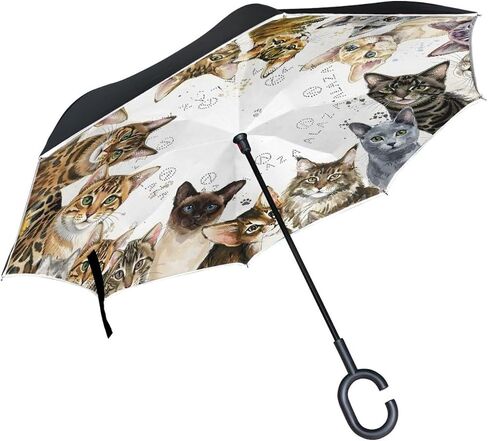 Cats Breed Various Watercolor Kittens Windproof Inverted Open Close Reverse Rain Umbrella Inside Out Quality Waterproof Parasol Upside Down Stick Shelter with Hook c Handle in Kuwait