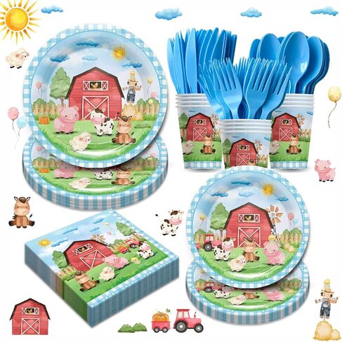 Farm Animal Party Supplies Tableware Set - Farm Birthday Baby Shower Decorations Include Dinner Plates, Cups, Napkins, Cutlery, Farm House Animal Barnyard Theme Party Supplies | Serves 24 in Kuwait